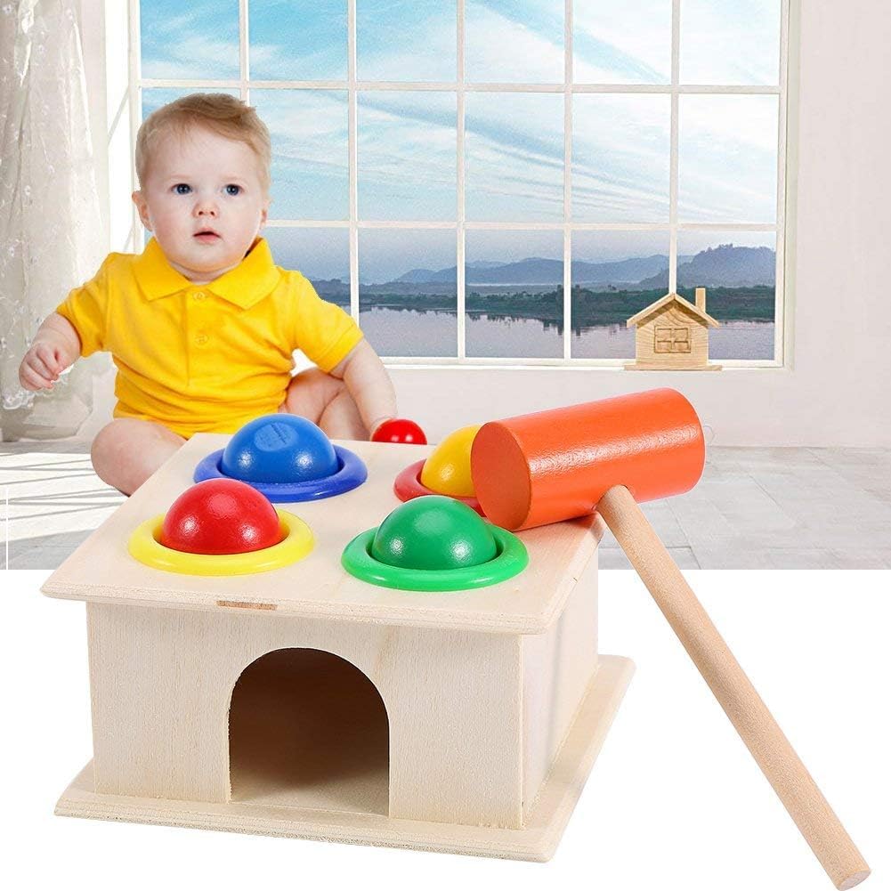 SHINETOY Wooden Ball Drop Hammer Toys for Toddlers | Montessori Pounding Toy with 4 Colorful Balls | Early Learning & Motor Skills Toy, 11 x 6 cm