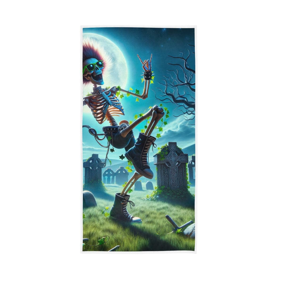 HUYGD Halloween Skeleton Dancing at Graveyard Hand Towels, 15 x 30 Inches, Soft Highly Absorbent Towels for Bathroom Gym Shower