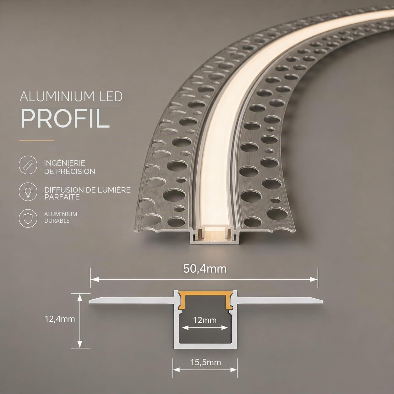 JANDEI – Profilé Flexible en Aluminium de 3 Mètres pour l'Intégration de Rubans LED dans le Plâtre ou les Cloisons Sèches, Installation Encastrée. Diffuseur en Silicone inclus
