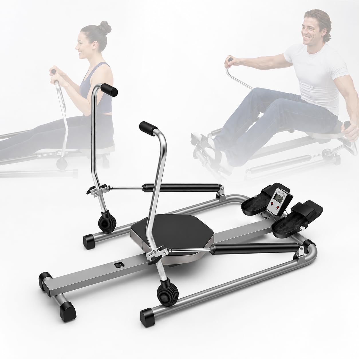 Remo hidráulico de apartamento, aparato de culturismo cardio en casa con pantalla LCD, brazo de movimiento 360°, doble cilindro silencioso, remo de apartamento plegable carga máxima 120 kg