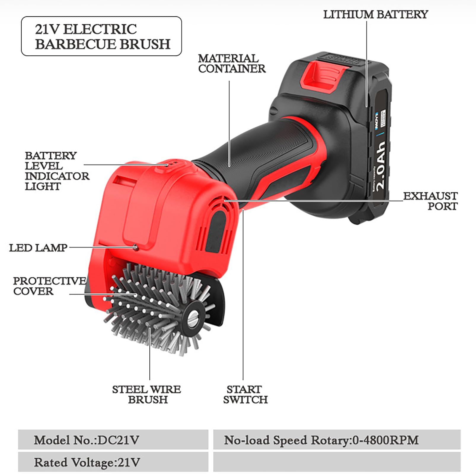 Elektryczna szczotka do grilla, 12 V/21 V, ze światłem LED, czyszczenie 360°, sterowanie jednym kliknięciem, zawiera 2 baterie do rusztu i grilla