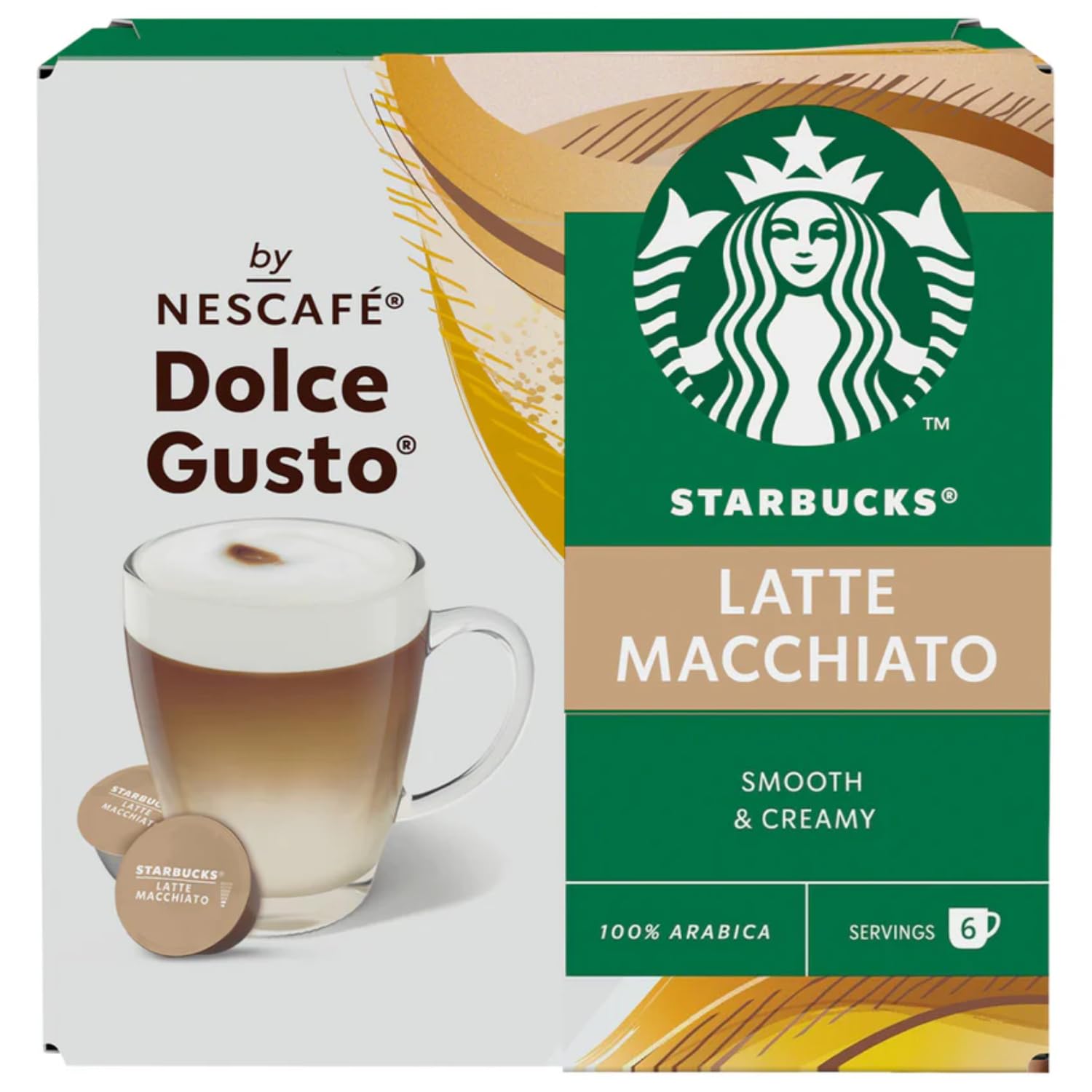 Starbucks Latte Macchiato Coffee Pods by NESCAFÉ Dolce Gusto (12x 129g Box) By Cougar, Smooth & Creamy 100% Arabica Blend, 6 Servings per Box, Rich Espresso with Frothy Milk Layer, Compatible with Dolce Gusto Machines, Café Style Beverage at Home - (Imported-UK)-image-0