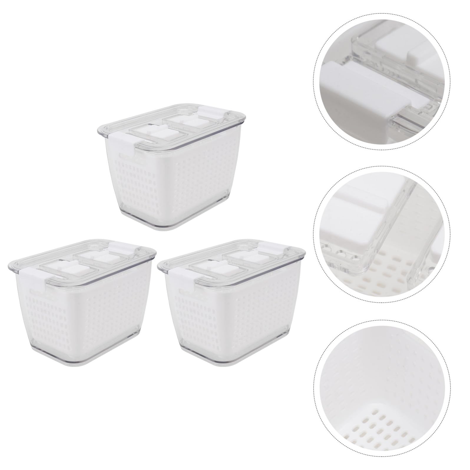 Contenitori per Alimenti in Plastica Bianca Struttura di Drenaggio e Chiusura Ermetica Set 3 Pezzi per Conservazione Frutta e Verdura Frigorifero in Cucina