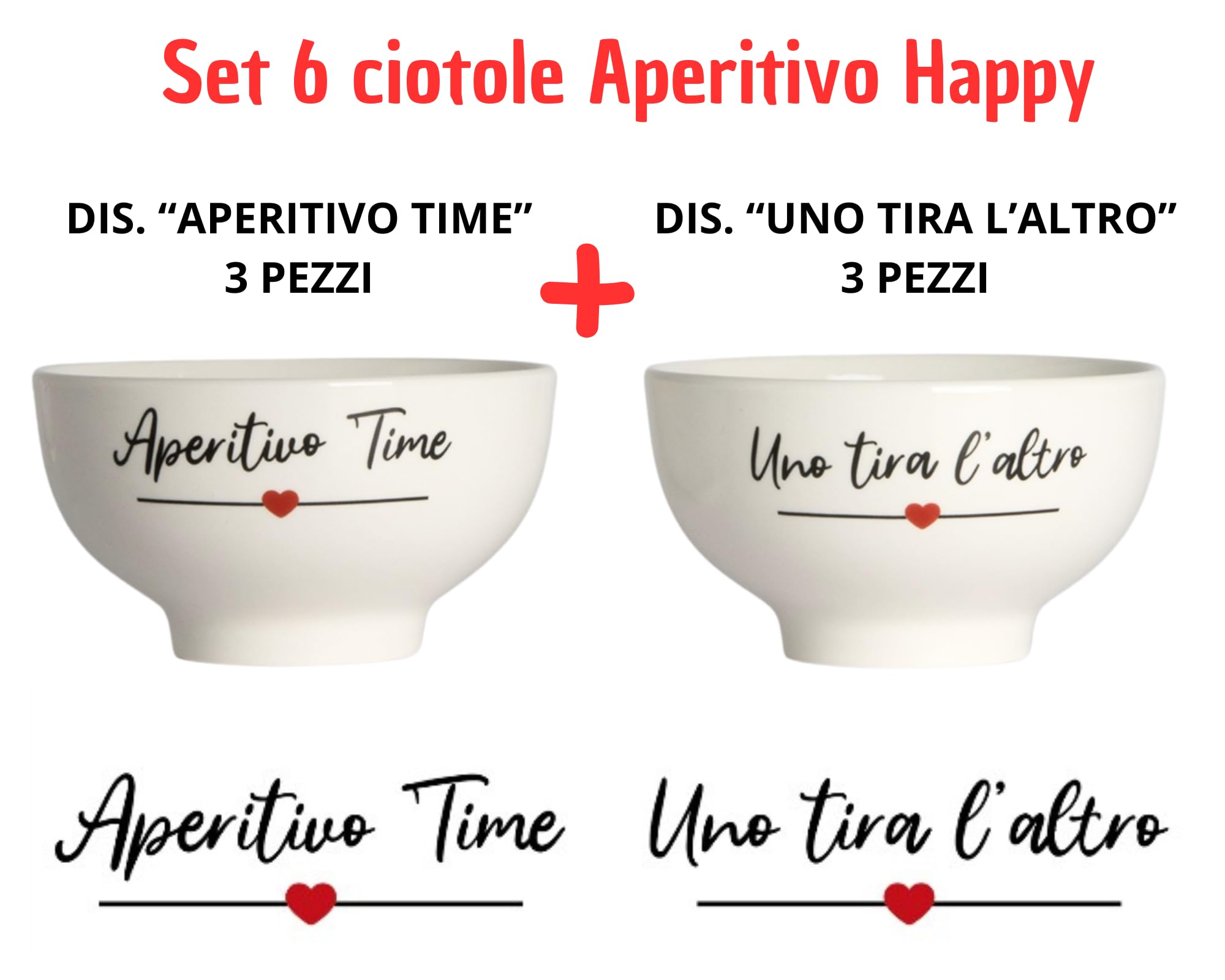 Tata Home Set 6 Ciotole per Aperitivo in Porcellana Bianca con Scritte Shabby Chic Ciotoline per Salsa Snack Patatine Accessori Aperitivo Misura Small 11,5x6 cm Mod. HappyLove