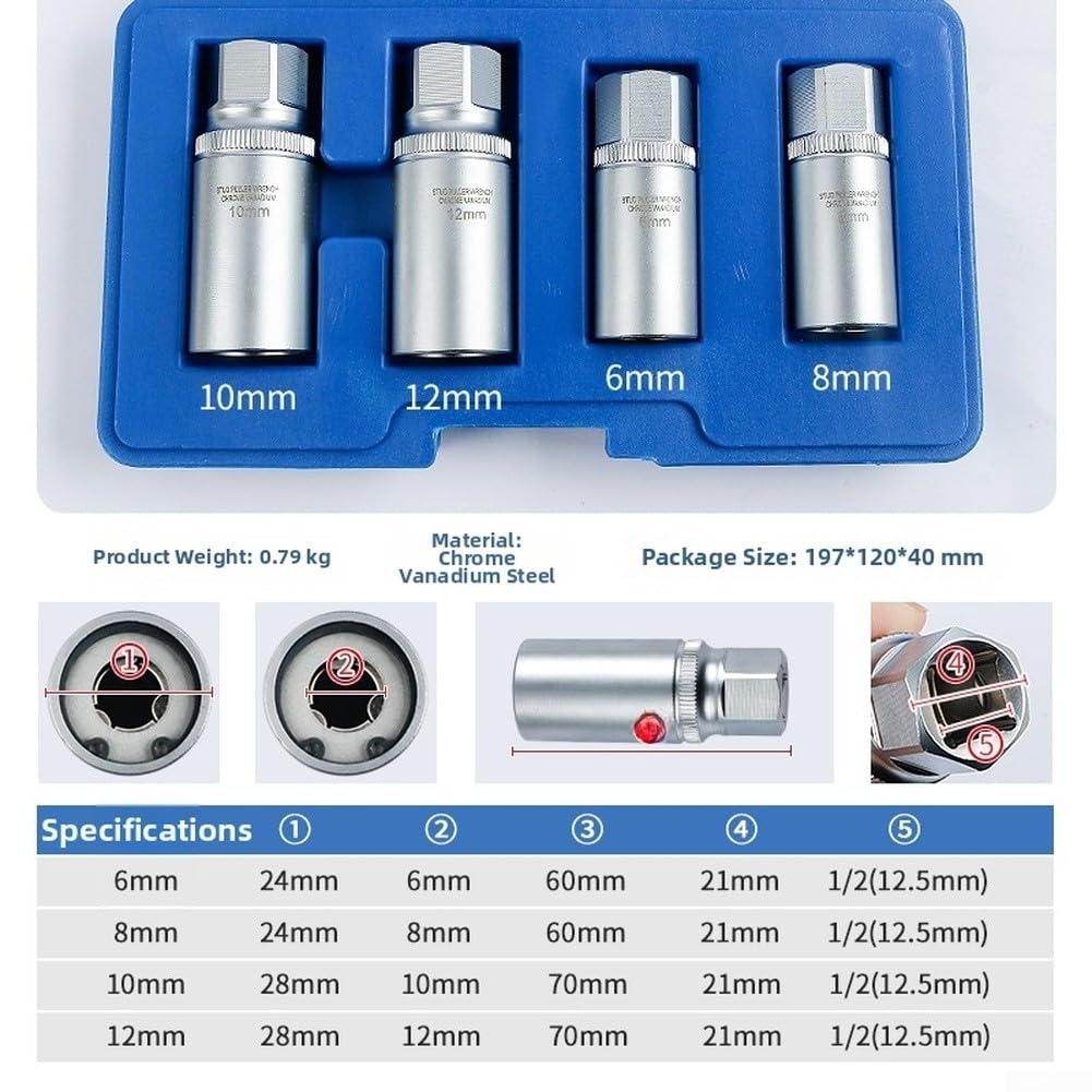Juego de extractores de tornillos dañados de 1/2 pulgada, 4 piezas, acero al cromo vanadio antiherramienta para pernos oxidados de 6 mm a 12 mm