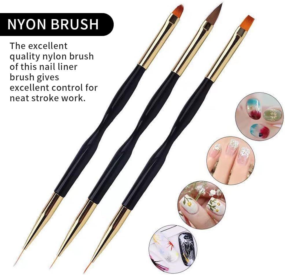INOG 3Pcs Nail Drawing Pen, Dual End Nail Art Pen Brush Acrylic Round Flat Painting Drawing Liner Nail Tools 4