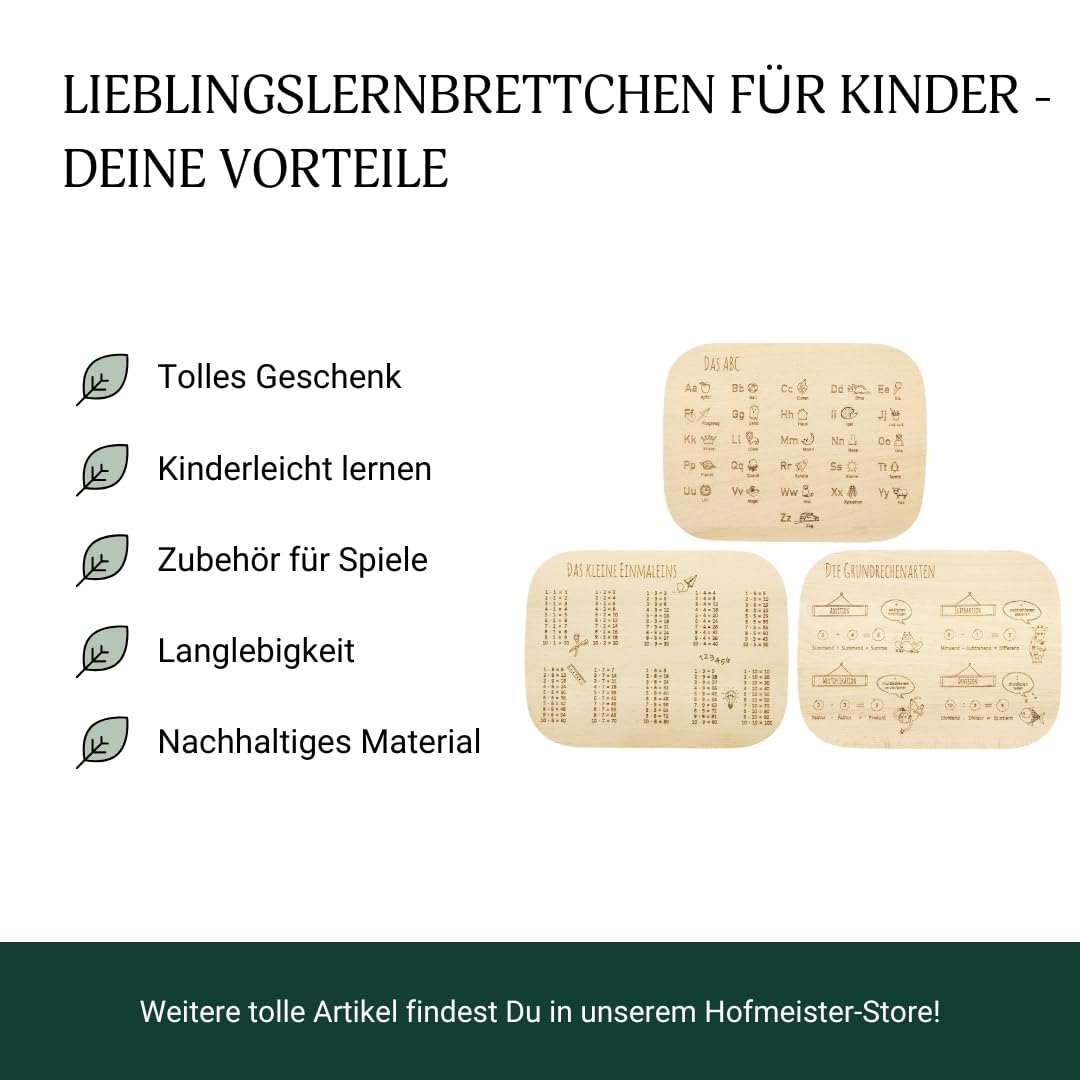 HOFMEISTER® 3er-Lernbrettchen-Set (ABC + 1×1 + Rechnen) Buche 24 × 18 cm – Frühstücksbrett für Kinder mit Lernmotiv (1 Stück)