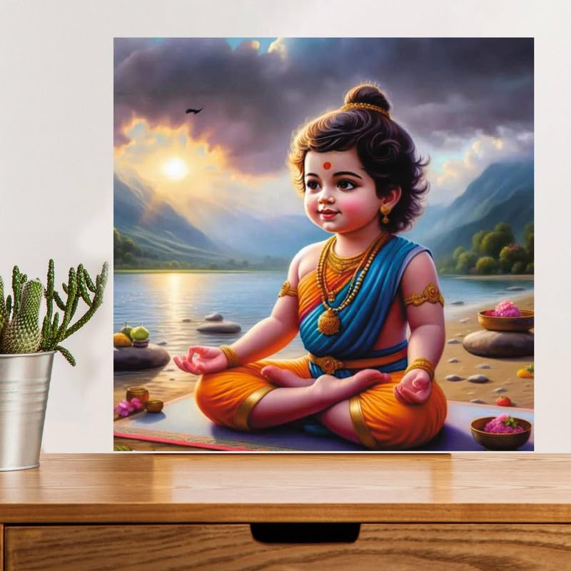 Image of British Terminal Cute little Bal Gopal Baby God Krishna| Kanha Ji | Laddu Lord Makhan Chor Painting Religious Poster for Pregnant Women for wall (matt thin vinyl,sticker,multicolor,unframed)| bj396