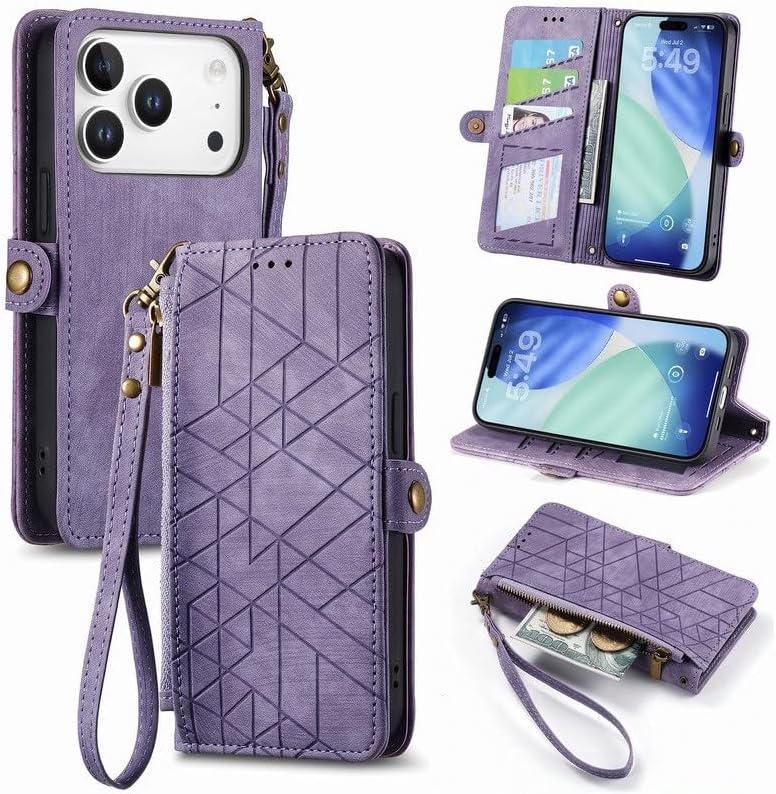 case Compatible with iPhone 17 (Color: Purple) Leather Wallet Zipper Strap Flip Back Case Cover