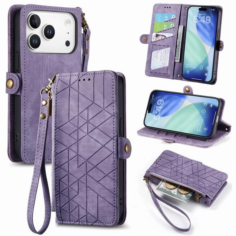 Housse en cuir pour iPhone 15 Pro violet finitions premium avec porte-cartes