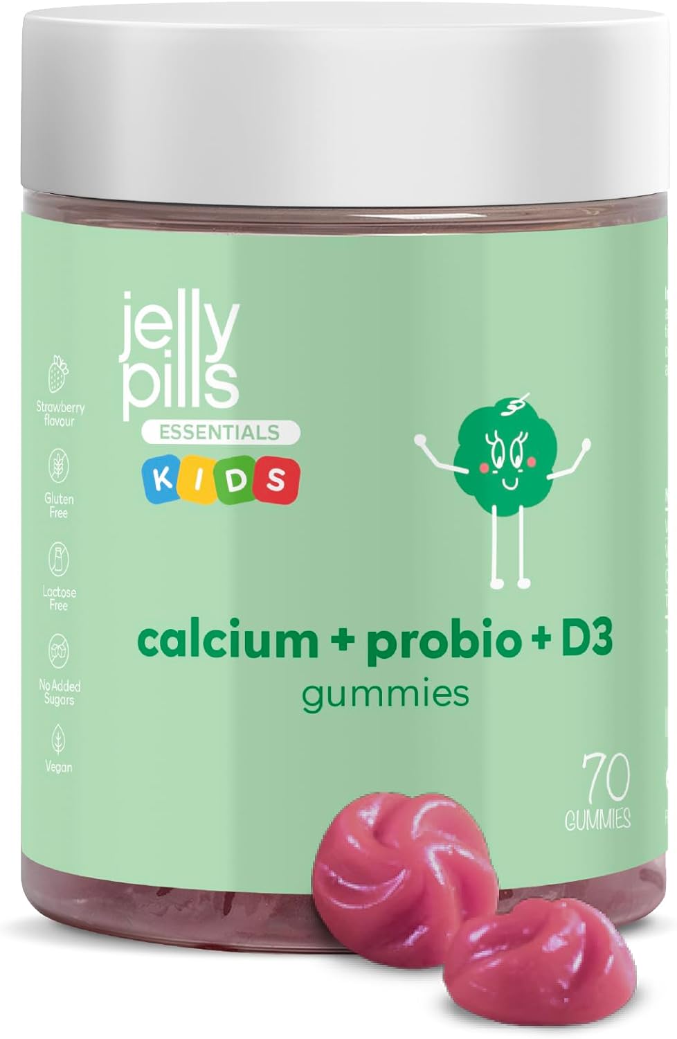 Jelly Pills® Kids Calcium & Probiotic Gummies – 70 Vegan Aardbeiensmaak Gummies – Met Vitamine D3 & K2 – Geen Toegevoegde Suikers – Botten, Spieren & Tanden
