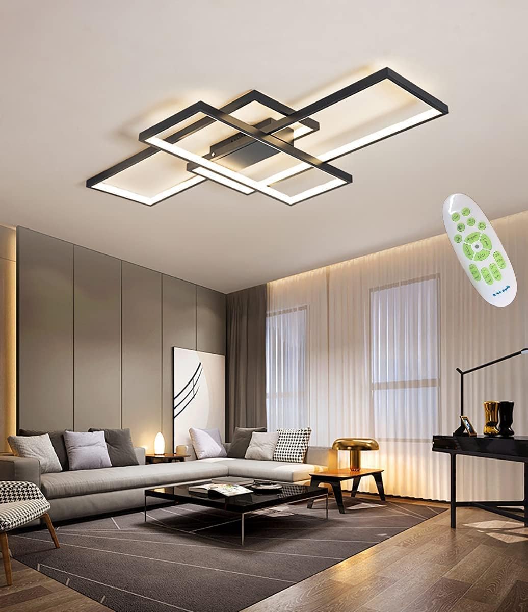 Plafón LED simple techo moderno lámpara salón de techo atmósfera rectangular focos lámpara de cama de aluminio acrílico reflectores regulable continuo con mando a distancia, negro, 140 cm de longitud
