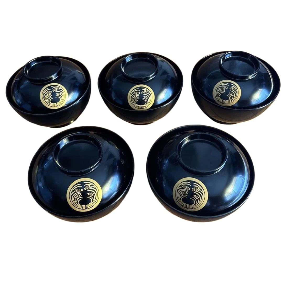Echizen Lacquerware Black Soup Bowl Set of 5 Rice Ear Crest Made in Japan