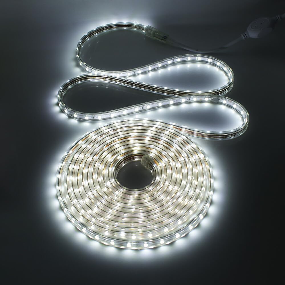 Tira LED 220V con encendido/apagado [30M, Blanco 6000-6500K],IP67 impermeable flexible,SMD5050,60 LEDs/m Guirnaldas luminosas CRI85+,decoración para cocinas,dormitorios,techos y tiendas