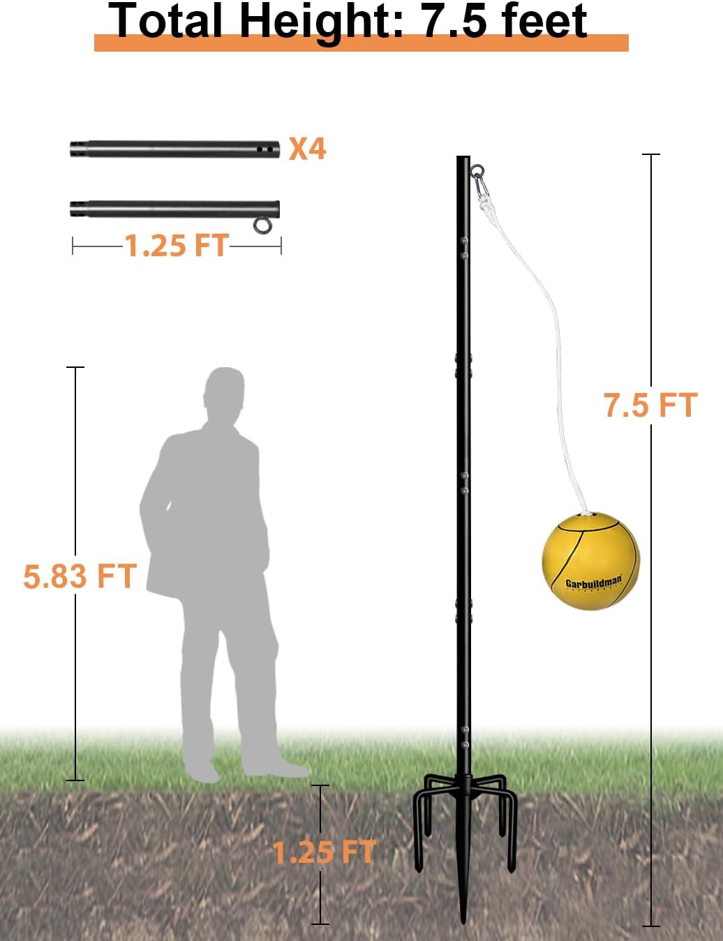 Garbuildman Tetherball Set with Ball & Rope for Outdoor Backyard, Adjustable Tether Ball Pole with Screw Reinforcement 5-Prong Base for Playground, Outside Ball Games Sports for Kids & Adults