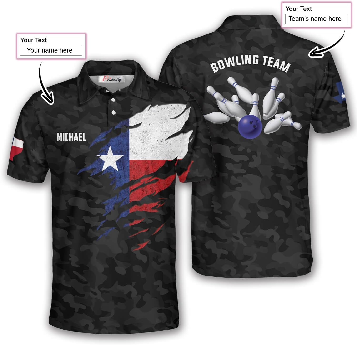 PRIMESTY Custom Texas Bowling Shirts, Proud Texas Flag Bowling Jerseys, Texas Long Horn Bowling Shirts for Men and Women