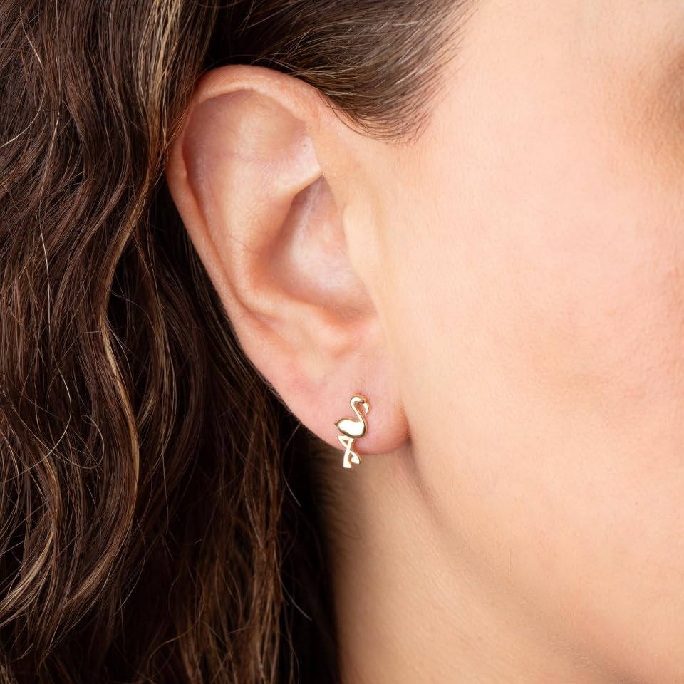 Flamingo Tropical Bird Stud Earrings Real Solid 14K Yellow Gold