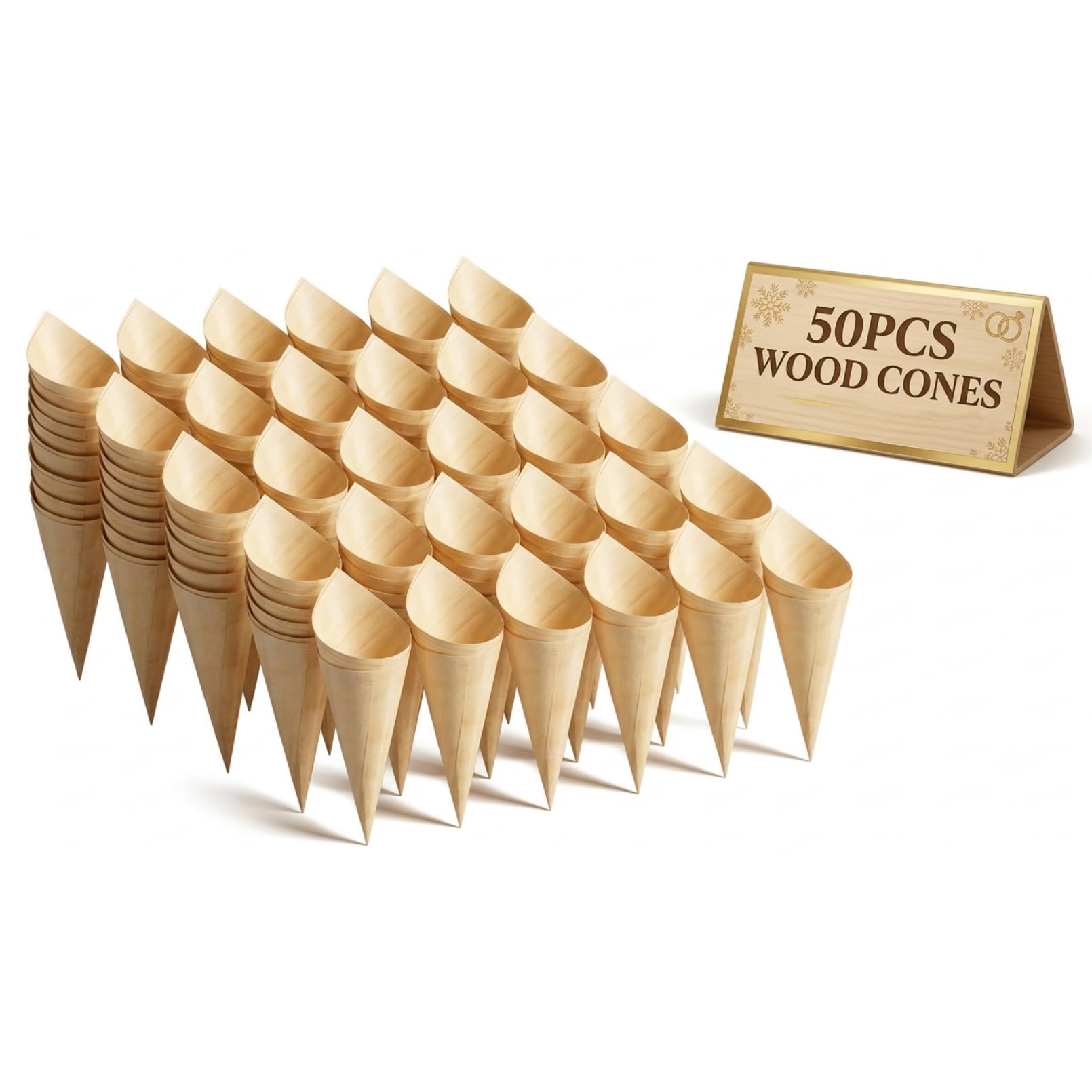 UKCOCO 50pcs Disposable Wooden Serving Cones: Biodegradable Wood Tasting Cones - Ice Cream Snacks BBQ Fries Holder for Christmas Weddings Parties Food Takeaway, 7 Inch