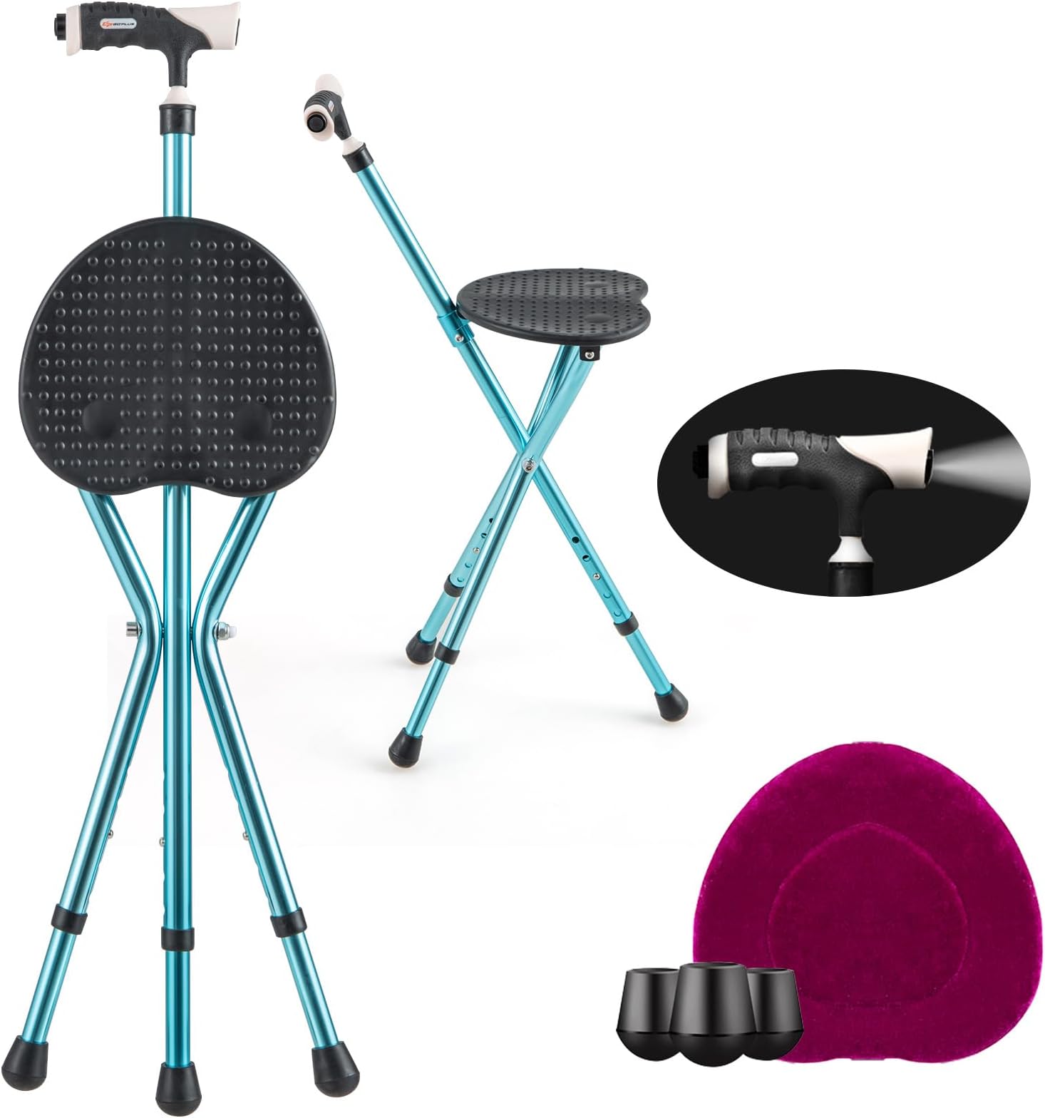 Goplus Walking Cane with Seat, Heavy Duty Aluminum Alloy Crutch Chair with LED Light and Retractable 3 Legs, Portable Anti-Slip Seat Cane, Lightweight Walking Stick for Seniors Elderly