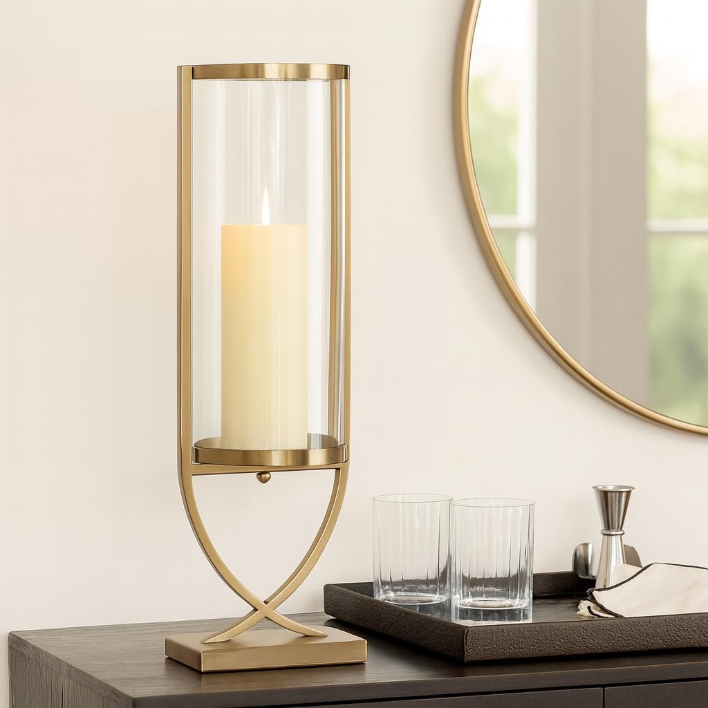 Contemporary Metal and Glass Hurricane Candle Holder - Decorative Pillar Candlestick Holder for Table Centerpiece - Elegant Home Decor Accents for Any Special Occasion Decoration - 27" Gold