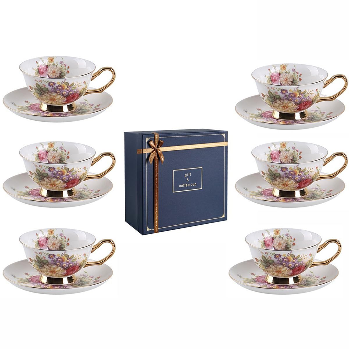 Juego de té de flores europeas de 12 piezas, juego de té de porcelana de hueso, juego de café, 9 opciones.Con caja de regalo. (estampado floral multicolor)