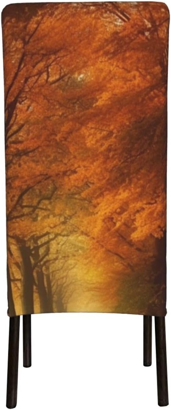 Back view of the OPSREY Morning Autumn Grove Printed Stretch Dining Chair Cover