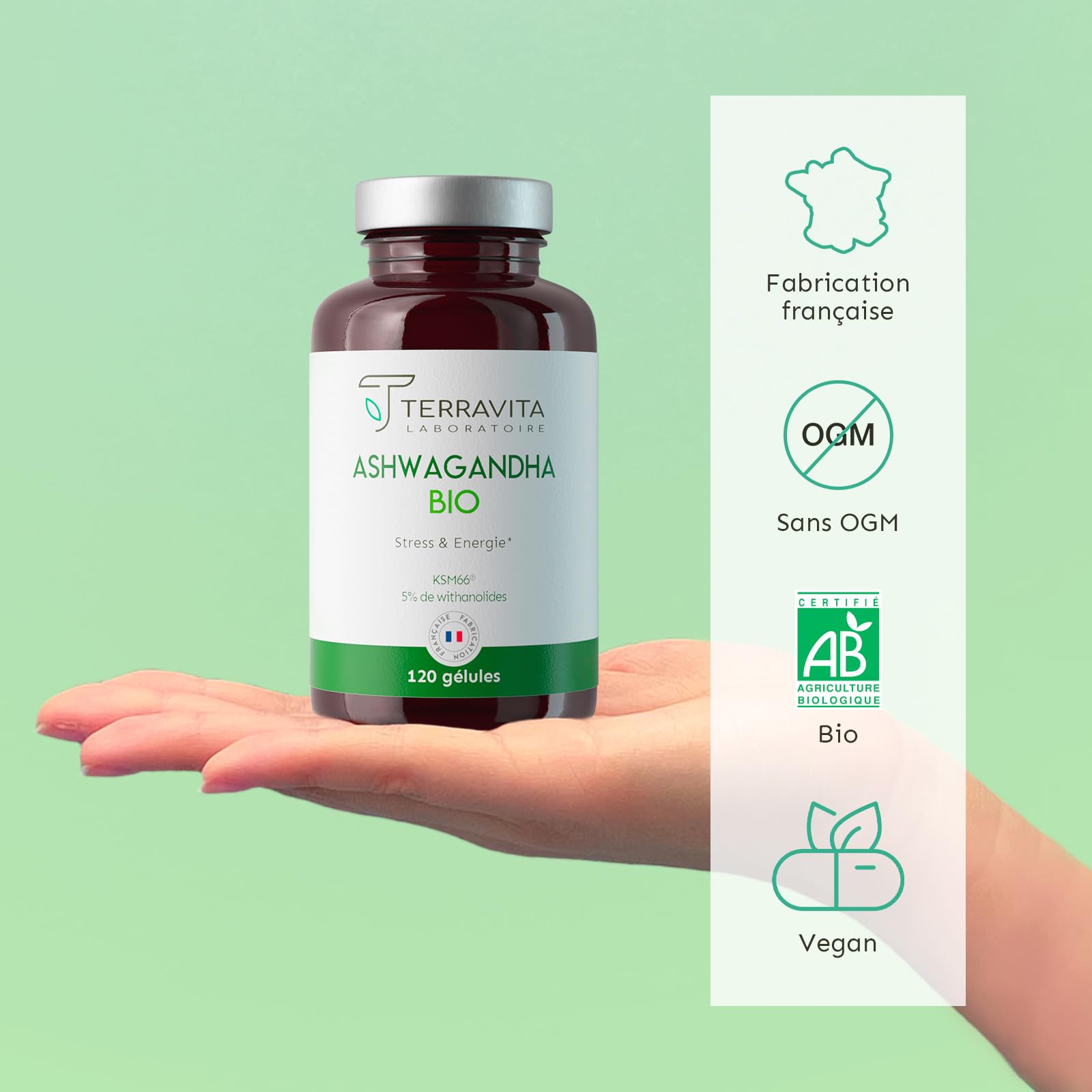 Ashwagandha Bio KSM-66® | Dosage Extra Fort 1200 mg | 120 Gélules Vegan | 5% de Withanolides | Sommeil, Vitalité, Stress & Mémoire | Sans Excipients Controversés | Made in France | Terravita