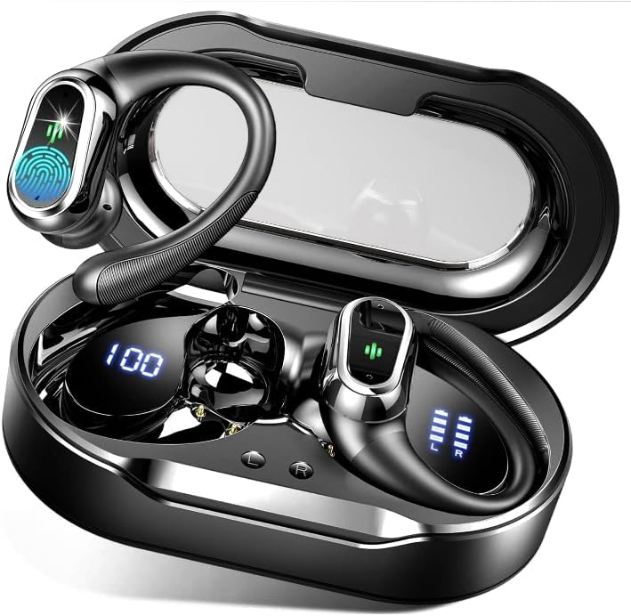 Wireless Earbuds, 2025 Bluetooth 5.4 Headphones Sport, Bluetooth Earbuds with ENC Noise Canceling Mic, 50HStereo Wireless Headphones IP7 Waterproof with Earhooks, Dual LED Display for Workout/ Running