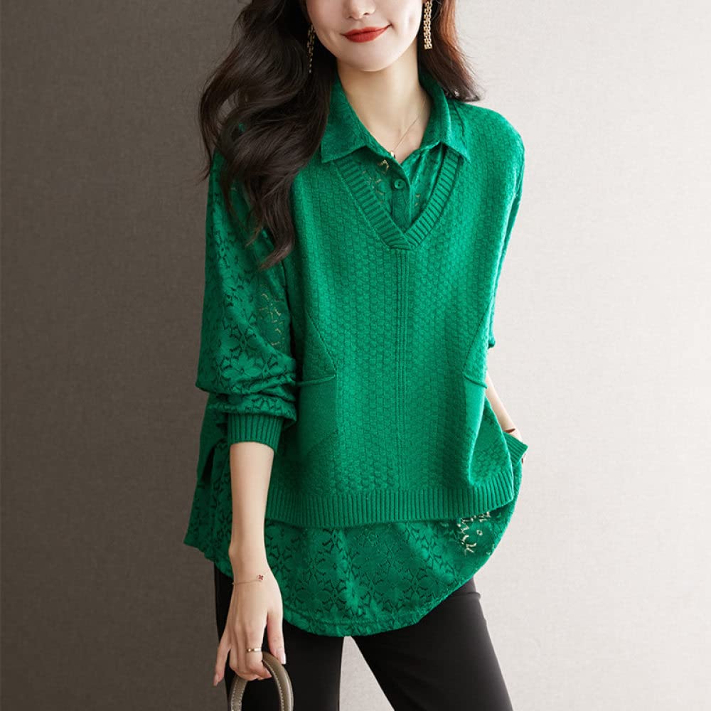 Haut Femme Chic Et Elegant,Chemise Fausse Deux Pièces Pour Femme Vintage Vert Revers Transparent Dentelle Chemise Couture Col En V Tricot À Manches Longues Décontracté Élégant Haut Avec Poche