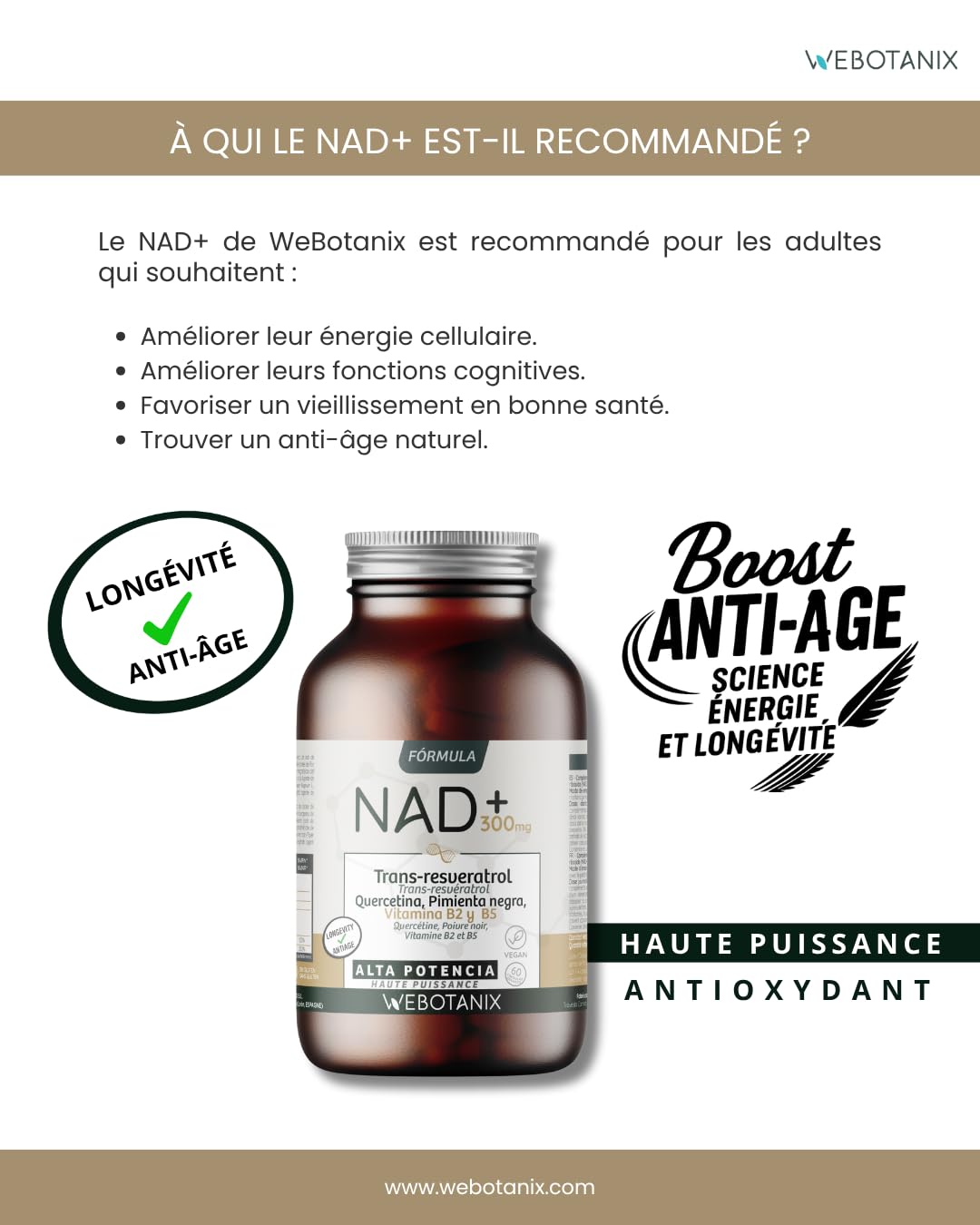 WeBotanix | Formule NAD+ avec Trans-Resvératrol et Quercétine | 60 Gélules | Avec Vitamines B2 et B5 + Pipérine | Énergie Cellulaire, Réparation et Longévité | Sans Gluten | Végan