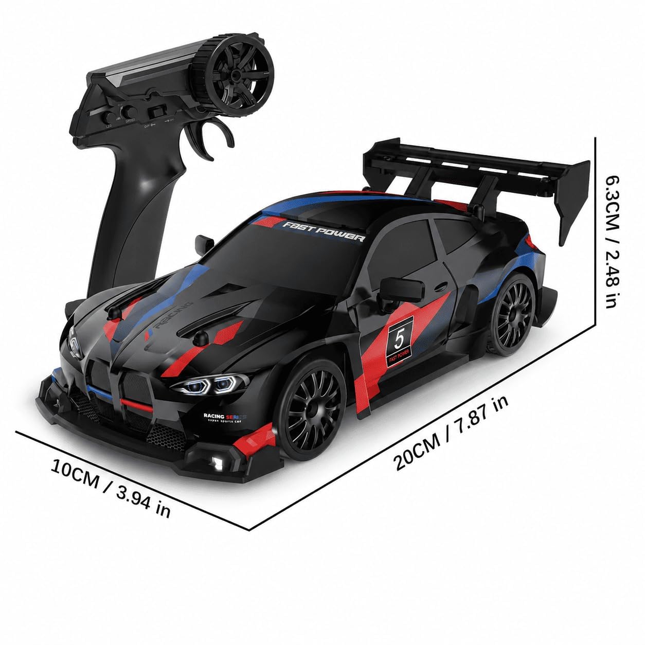 DWH BMV High Speed RC Drift Car 1:24 Scale | 2.4GHz Remote Control | USB Rechargeable | LED Lights | Extra Drift Tires | Racing Toy Car for Kids & Adults (Black) — Amazon image 2