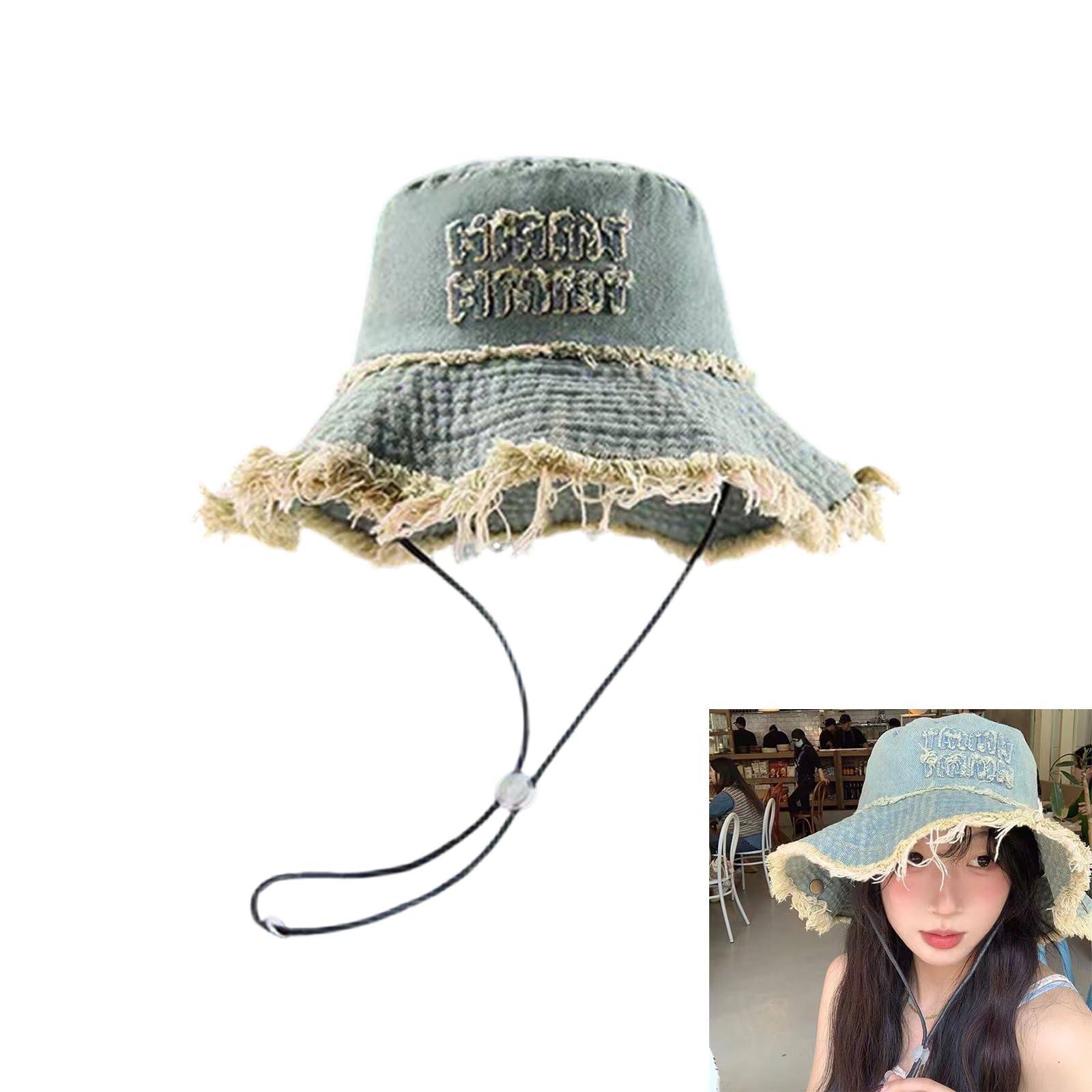 Retros Styles - Sombrero de pescador de mezclilla desgastada con borde ancho con cordón para senderismo, pesca y trajes casuales, accesorios de festival de moda