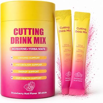 Cutting Drink Mix with Berberine, Chromium, 5-HTP, Yerba Mate & Magnesium - Dual-Action Craving & Gut Health | Strawberry Acai Flavor,Vegan, Sugar-Free, 30 Packs