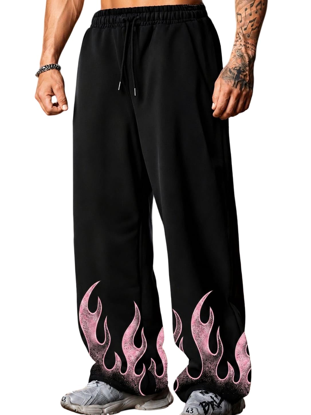 Men's Black Casual Trousers with Pink Flame Print - Comfortable Loose Fit Joggers-image-10