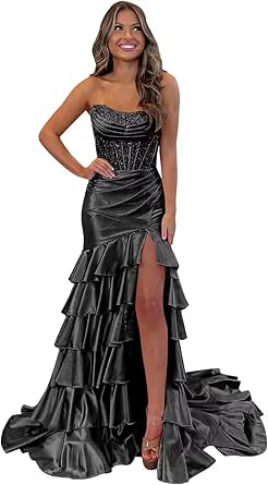 Corset Satin Prom Dresses for Women 2025 Tiered Ruffle