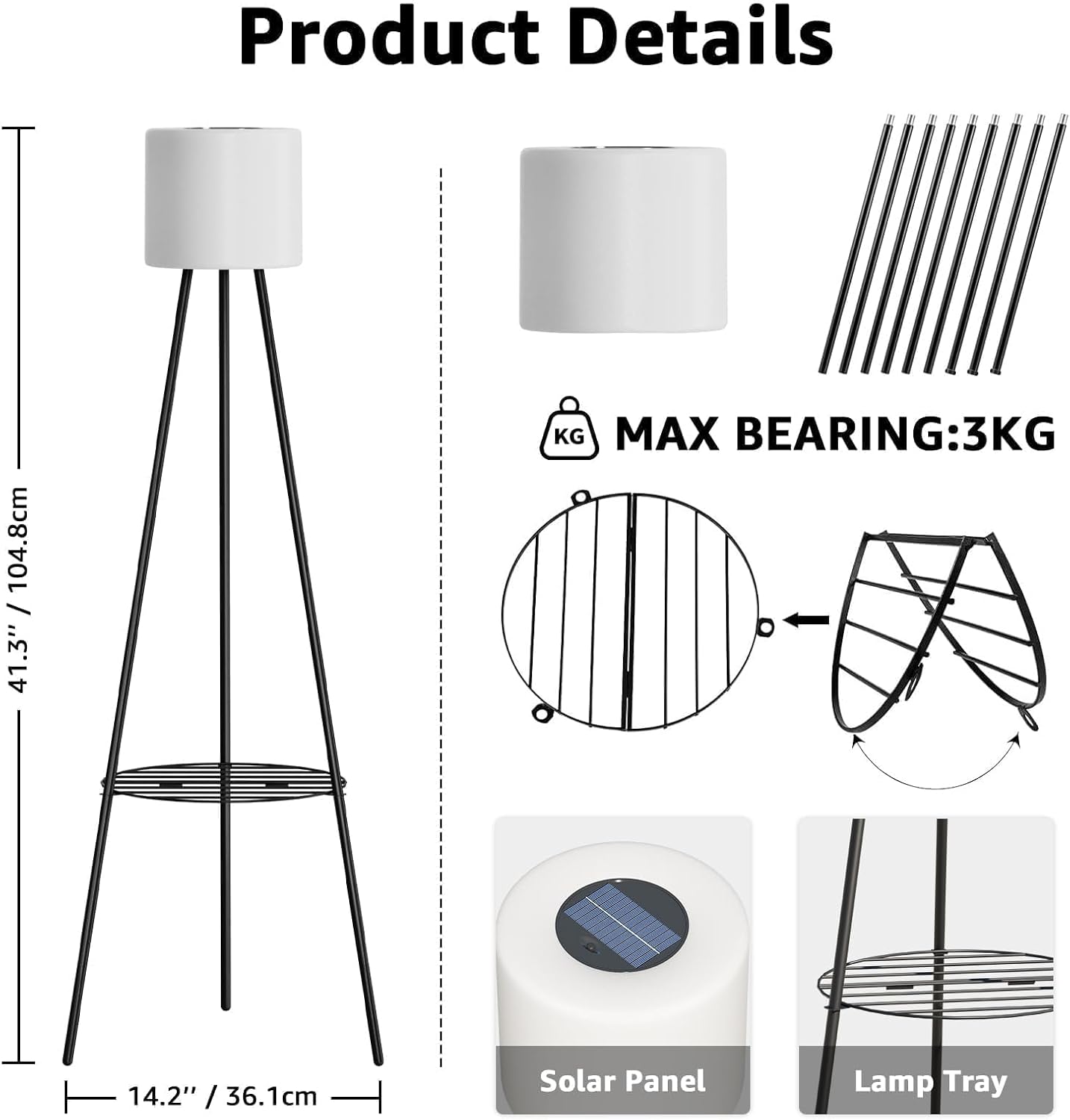 FUYO 2 Pack Solar Floor lamp Outdoor, 41.3'' Solar Powered Lights with 2 Plant Stand, Water-Resistant IP54 Outside Floor Lamps with 3 Lighting Modes for Patio Porch Yard Deck Decor