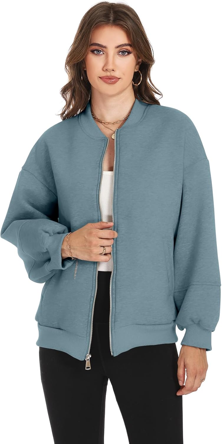 Arssm Womens Oversized Zip Up Sweatshirt Jackets Fleece Lantern Sleeve Casual Fall Bomber Jackets - Image 5