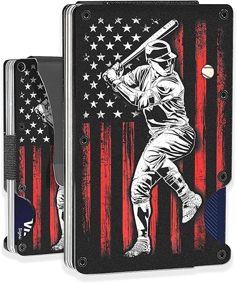 Slim Wallet With Money Clip, Personalized Engraved Baseball Player American Flag Metal Wallet For Men, Blocking Credit Card Holder Baseball Player Wallet, Gift To Baseball Lover, Black, Mwl0001
