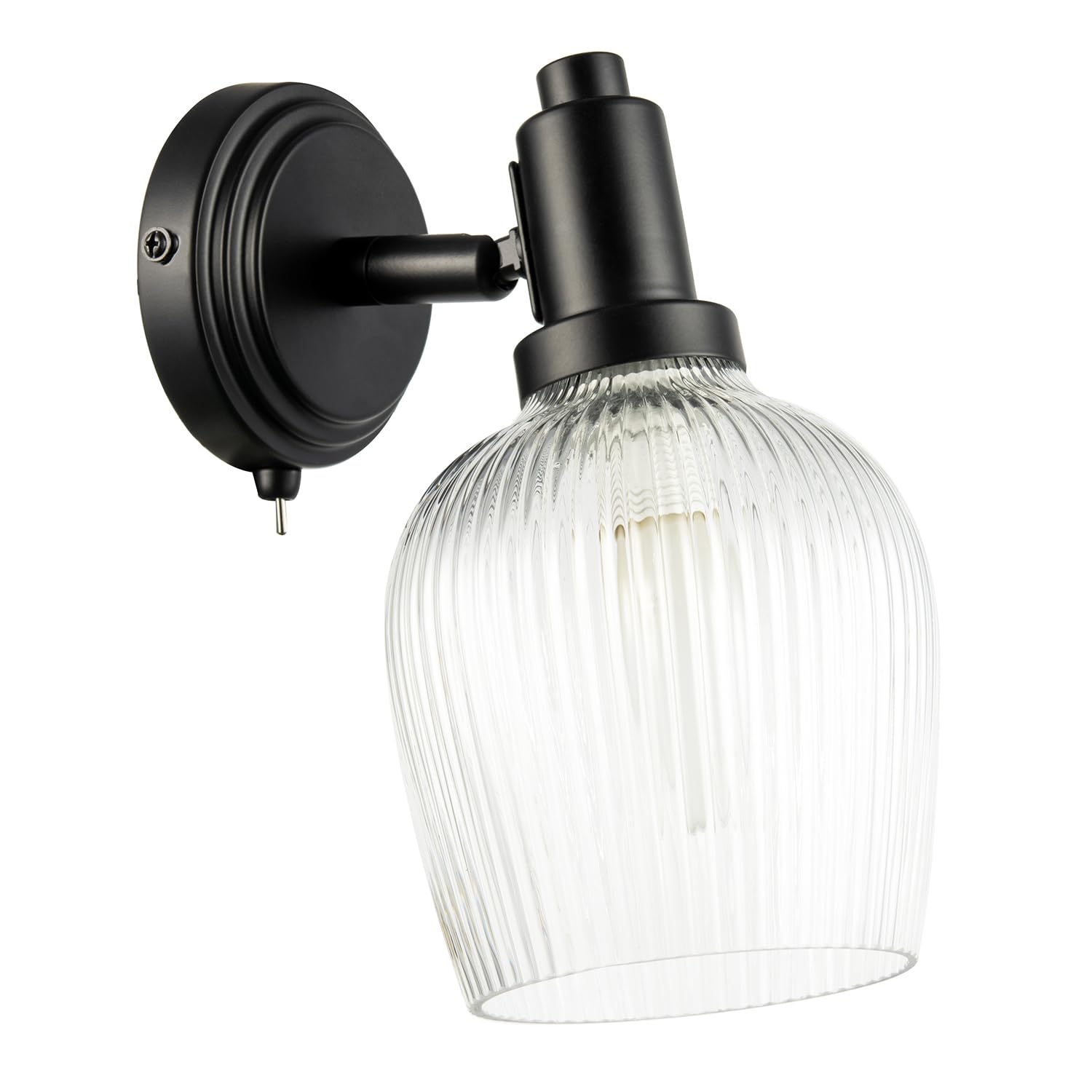 Happy Homewares Classy Matte Black Wall Light Fitting with Clear Mini Ribbed Glass Curved Shade | 23cm x 20cm x 12cm | Features Toggle Switch Button