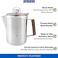 Vista 5 de Cafetera de acero inoxidable con perilla de vidrio para usar en cualquier estufa, sin aluminio, sin plástico (9 tazas)