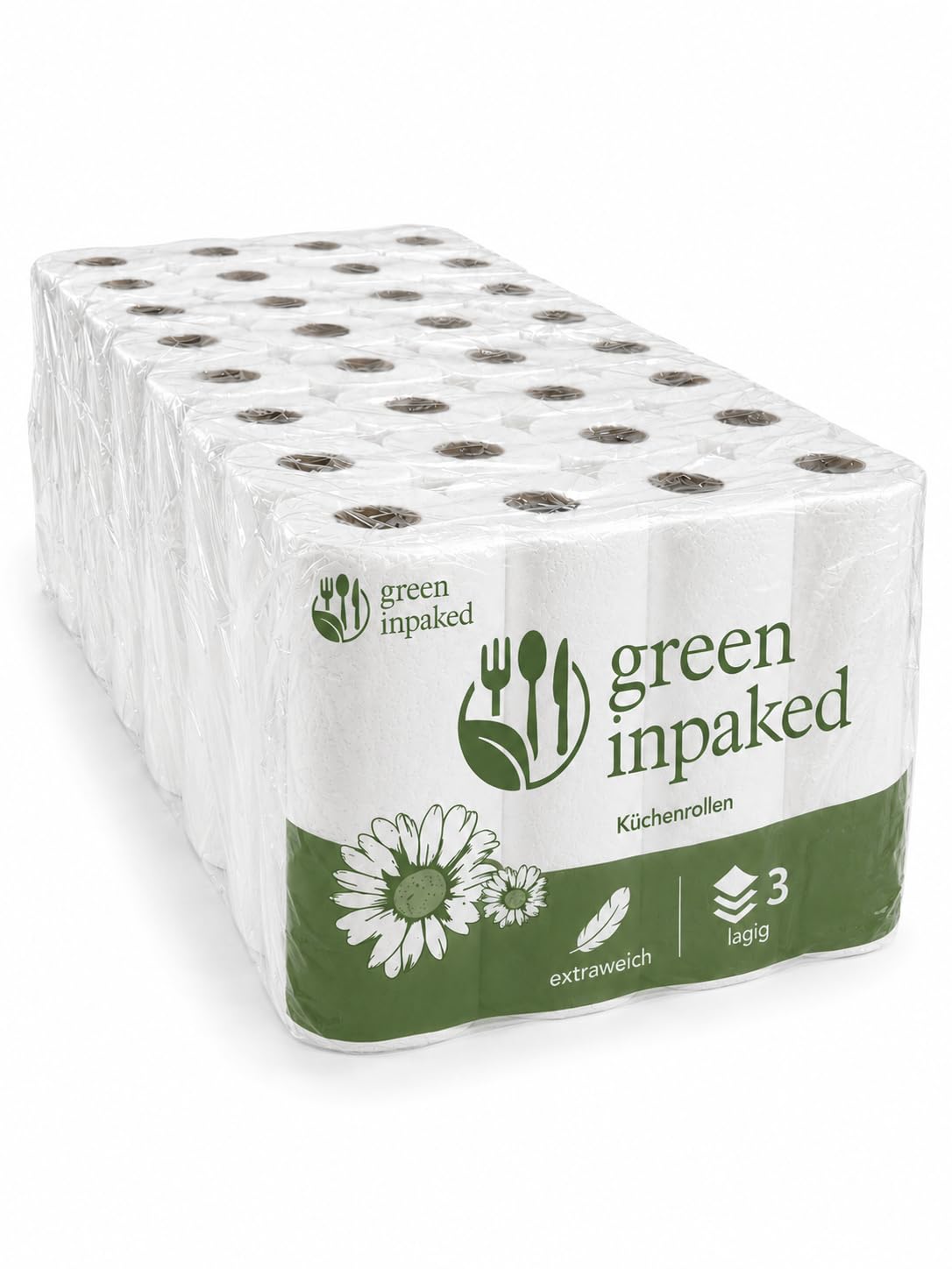 Green Inpaked Küchenrollen 32 Rollen XXL Vorratspack – 3-lagig, Extra Saugstark & Reißfest – Premium Küchenpapier für Haushalt, Gastronomie & Büro