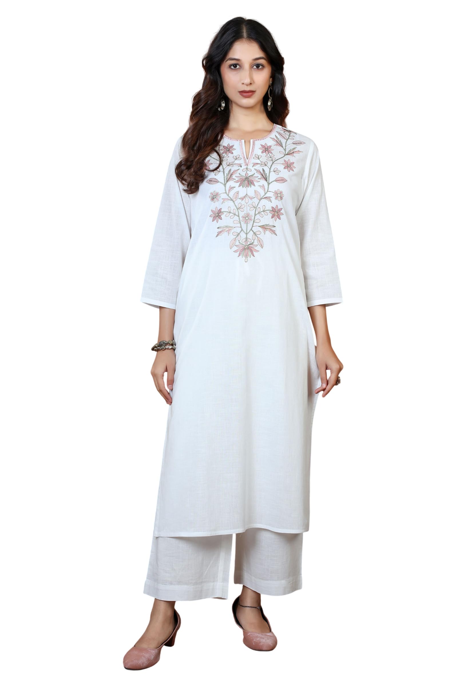 Off White Pure Cotton Embroidered Straight Kurta Wide-Leg Pants Co-Ord Set-image-13