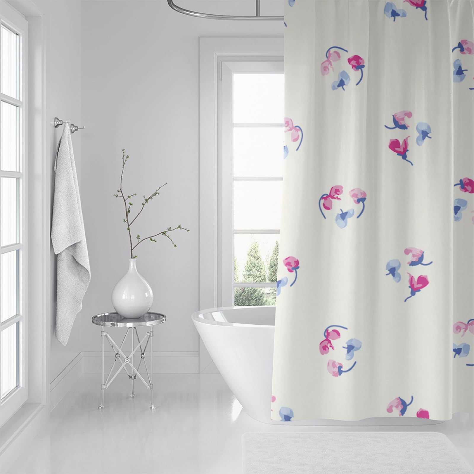 Tenda Doccia Fiori Blu Beige Tenda Doccia Antimuffa Impermeabile Poliestere Lavabile con 12 Ganci Tende Finestra Bagno per Dormitorio Famiglia Hotel Decorazione(180x220cm)