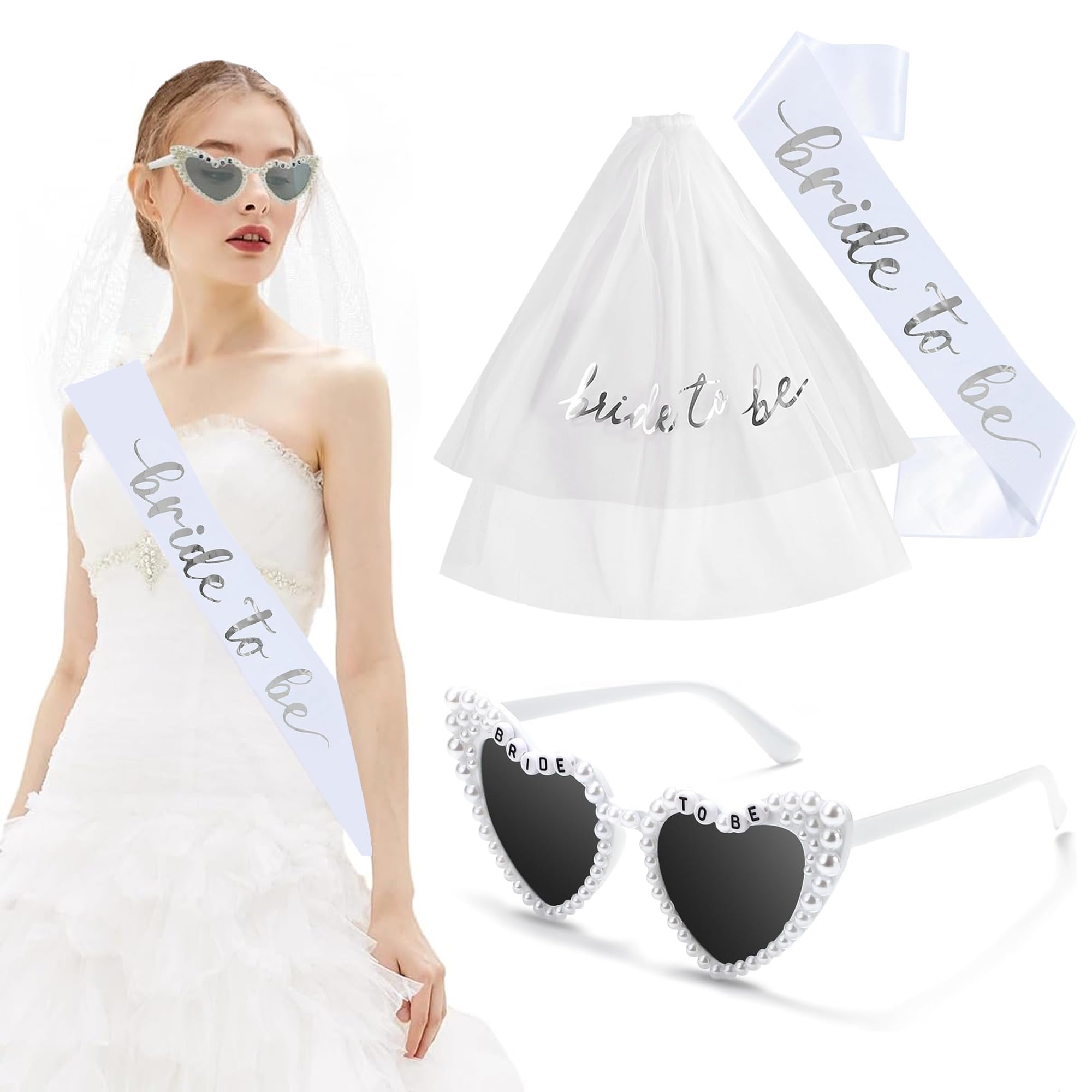 Hen Do Accessories Set, Bride to Be Kit with Veil, Sash & Sunglasses, Bachelorette Party Decorations and Gifts for Bridal Shower