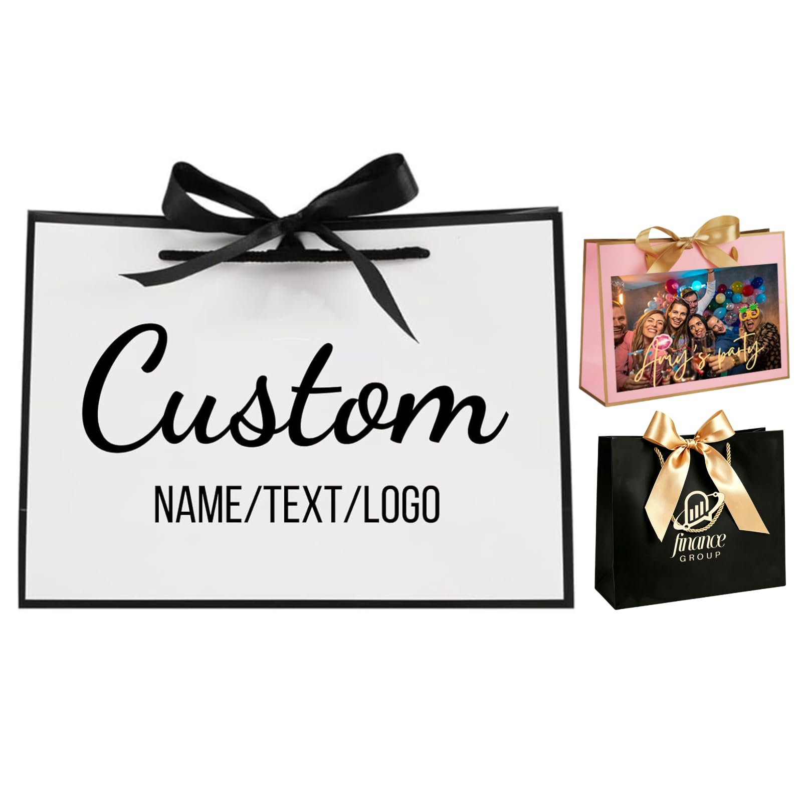 1-100 Pcs Custom Your Image/Name/Text/Logo Gift Bags - 32x25x11cm - Personalised White & Black Ribbon Bow Gift Bag for Birthday, Valentine's Day, Wedding, Anniversary, Festive Present Giving