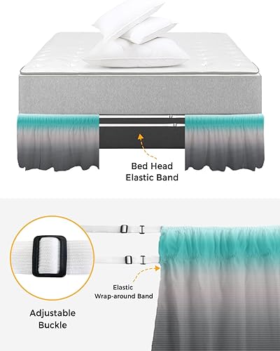 Miniatura 4 de Falda de cama gris turquesa, tamaño King de 16 pulgadas de caída, ajustable y elástica, plisada, con volantes de polvo de lujo para cama individual,