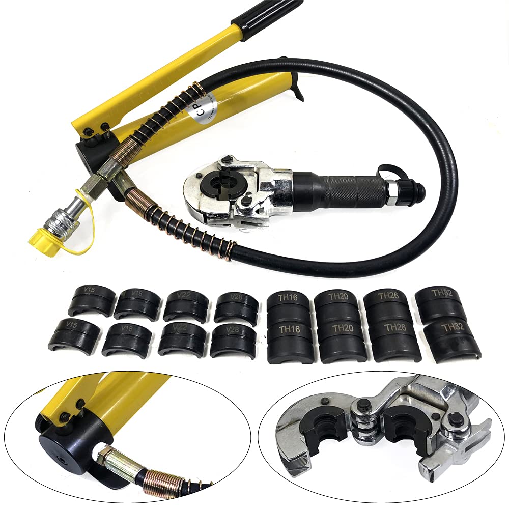 Tenaza de presión hidráulica, tenaza de 6T para tubo de cobre V12-28mm, TH 16-32mm, giratoria 360° para tubo de cobre o tubos de acero inoxidable con 9 matrices para tubo de aluminio, tubo PEX, tubo