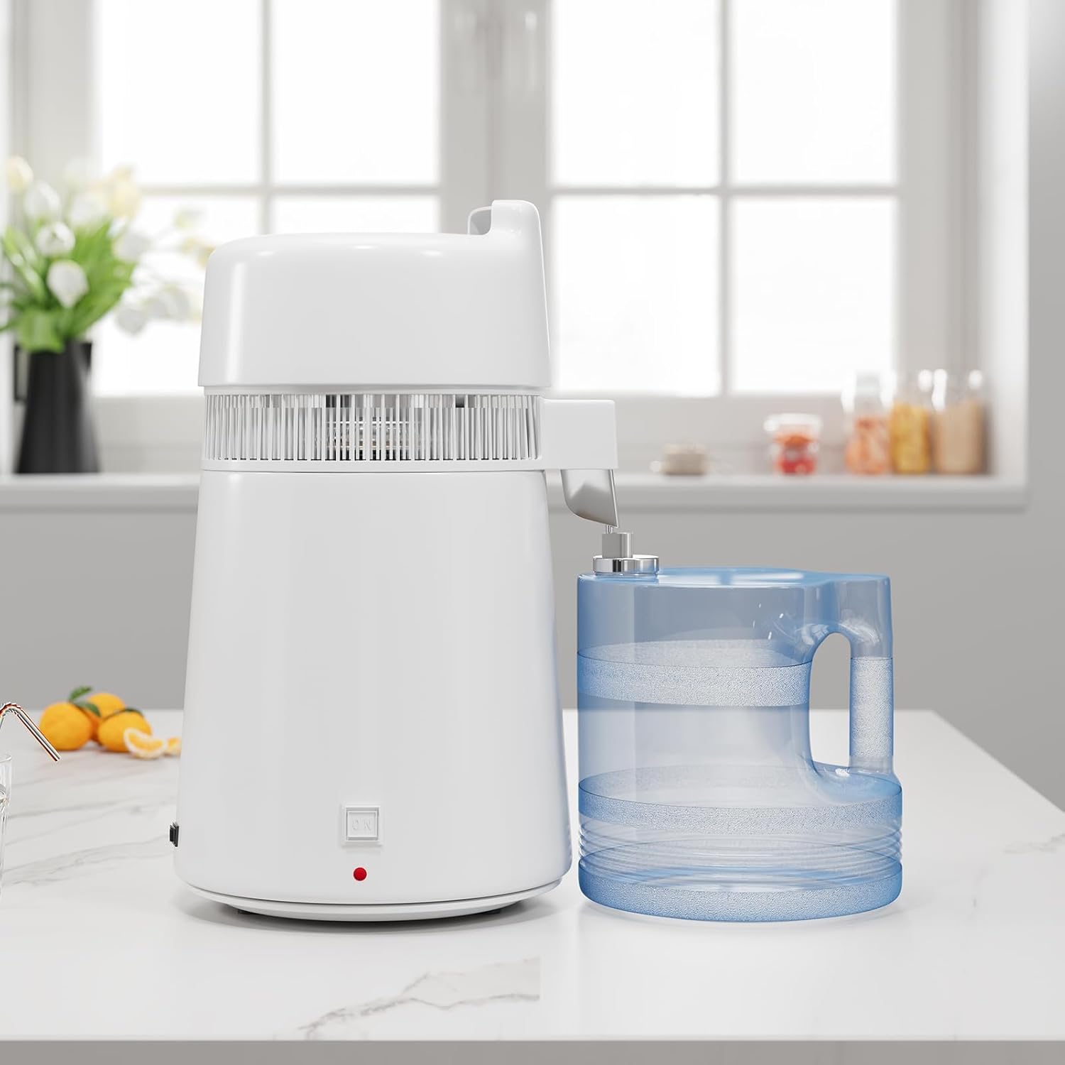 IDEALHOUSE 1.6 Gallon Water Distiller 900W Home Water Purifier with Plastic Jug Drinking Water Purification Filter Set Produces Water with 2ppm Purity Ideal for Home and Office Use - White