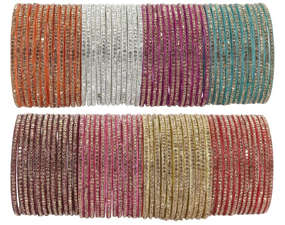 Image of NMII Glass with Zircon Gemstone and Beads Studdded Glossy Finished Traditional Bangle Set For Women and Girls