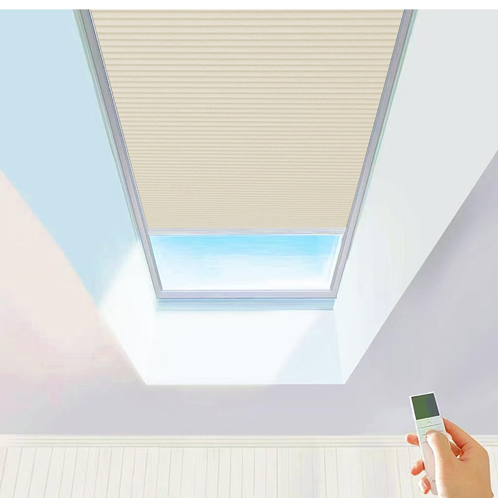TIPIACE Hard-Wired Motorized Skylight Roof Window Cellular Honeycomb Full Blackout Waterproof Blinds Curtain Suitable Skylight Glass Room Sloping Roof Room (khaki 93021C)